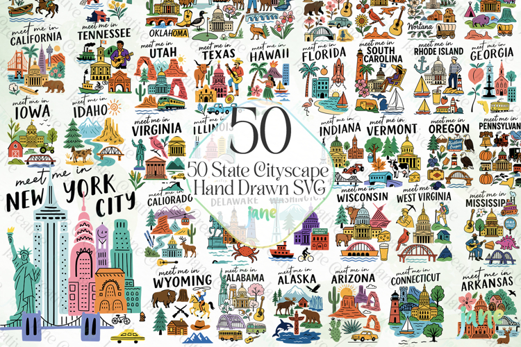 50 State Cityscape Hand Drawn SVG