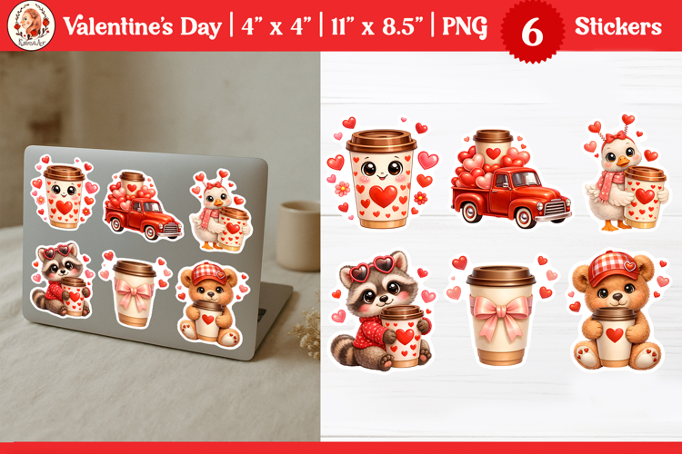 Valentine’s Day Cute Animals with coffee stickers example image 1